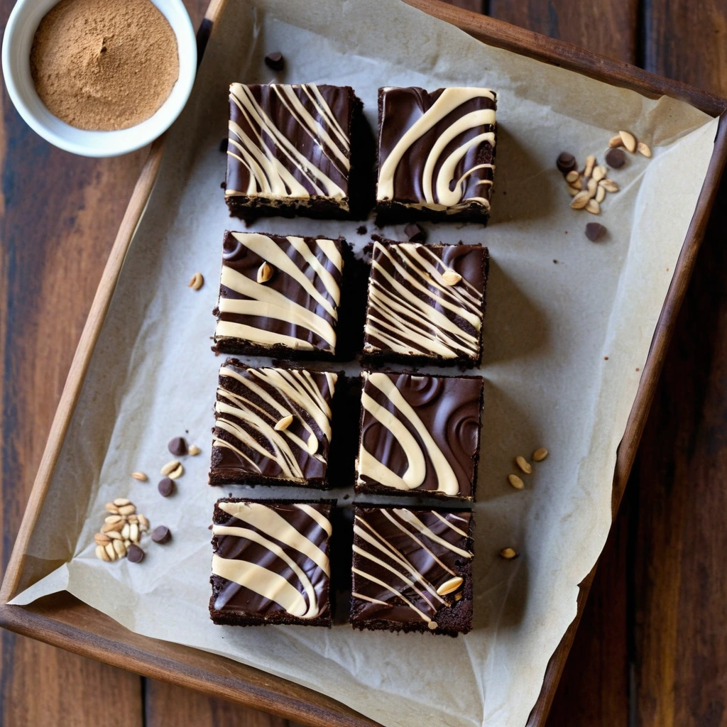 Square brownies with golden swirls of peanut butter and a dark chocolate drizzle on top, served on a rustic wooden board.