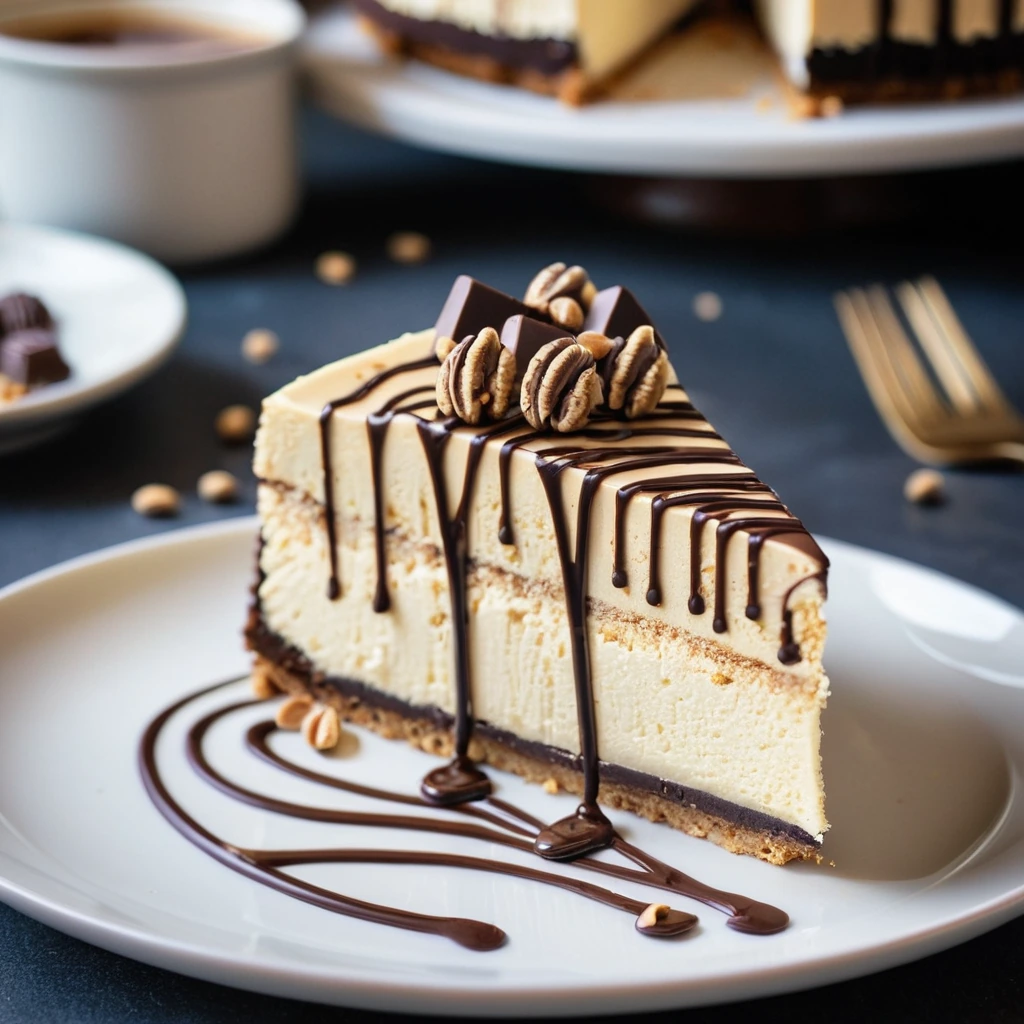 A slice of peanut butter swirl cheesecake on a plate with a dark chocolate drizzle and a sprinkle of chopped peanuts.