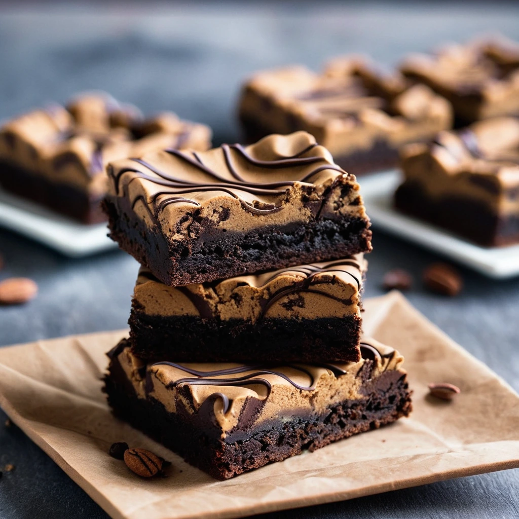 A square of fudgy brownie with golden peanut butter swirls, dusted with cocoa powder on a rustic plate.
