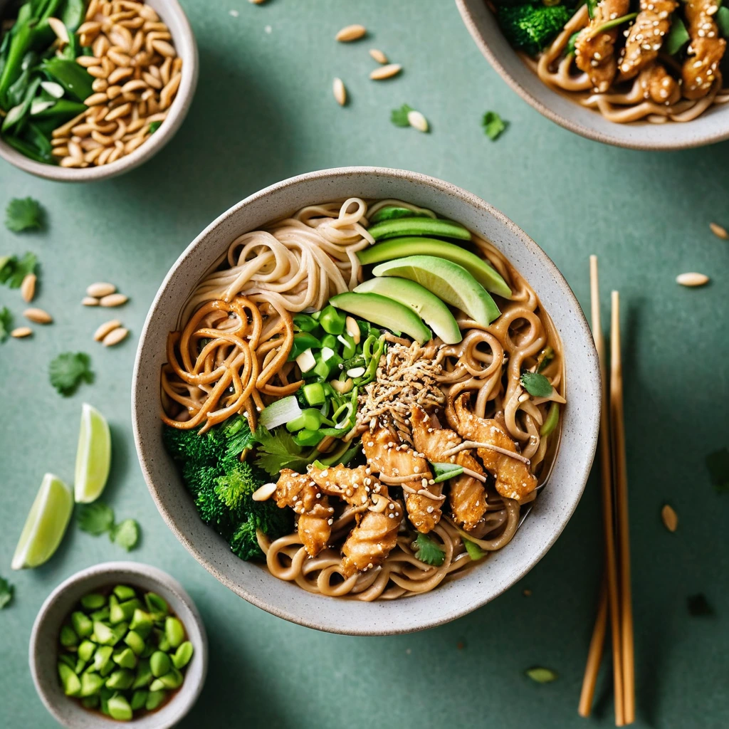 Golden chicken strips over vibrant green noodles in a creamy peanut sauce, sprinkled with sesame seeds and green onions in a white bowl.