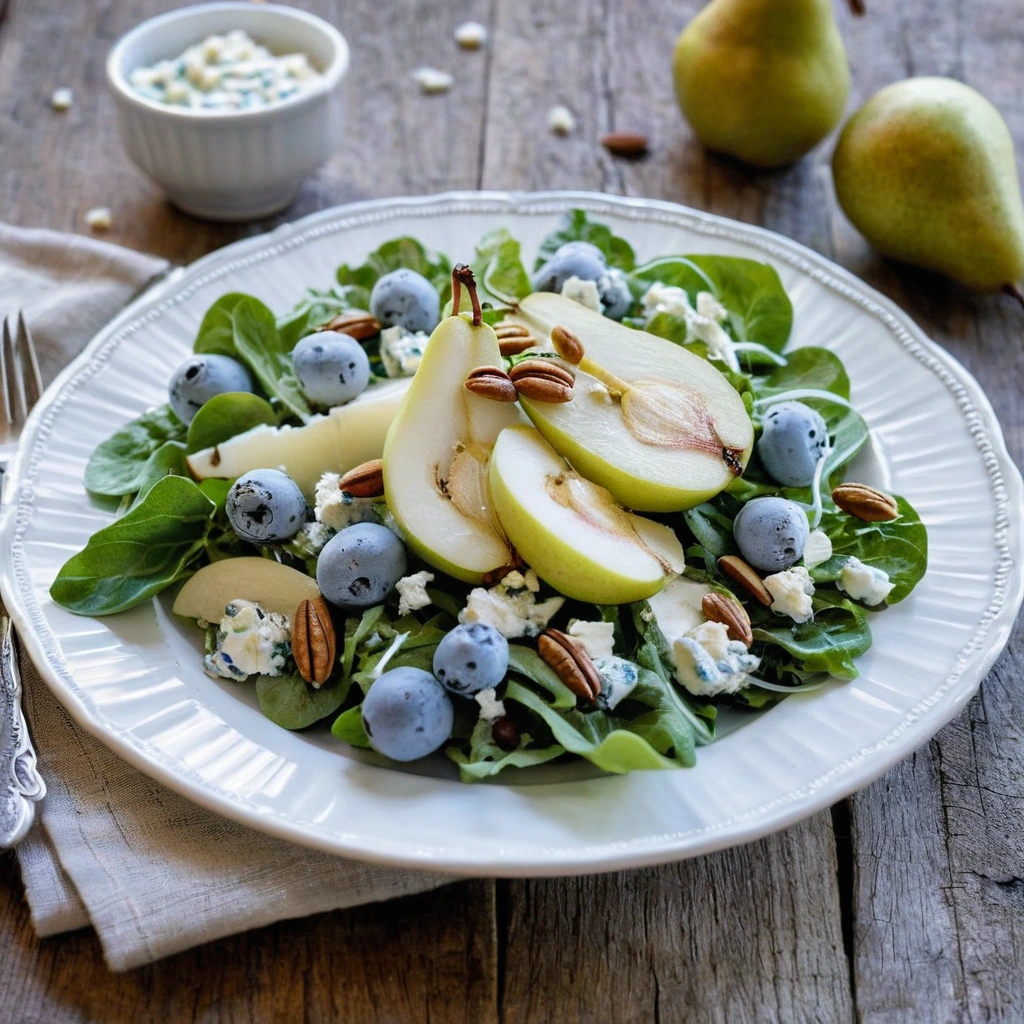 A plated serving of Pear and Gorgonzola Salad