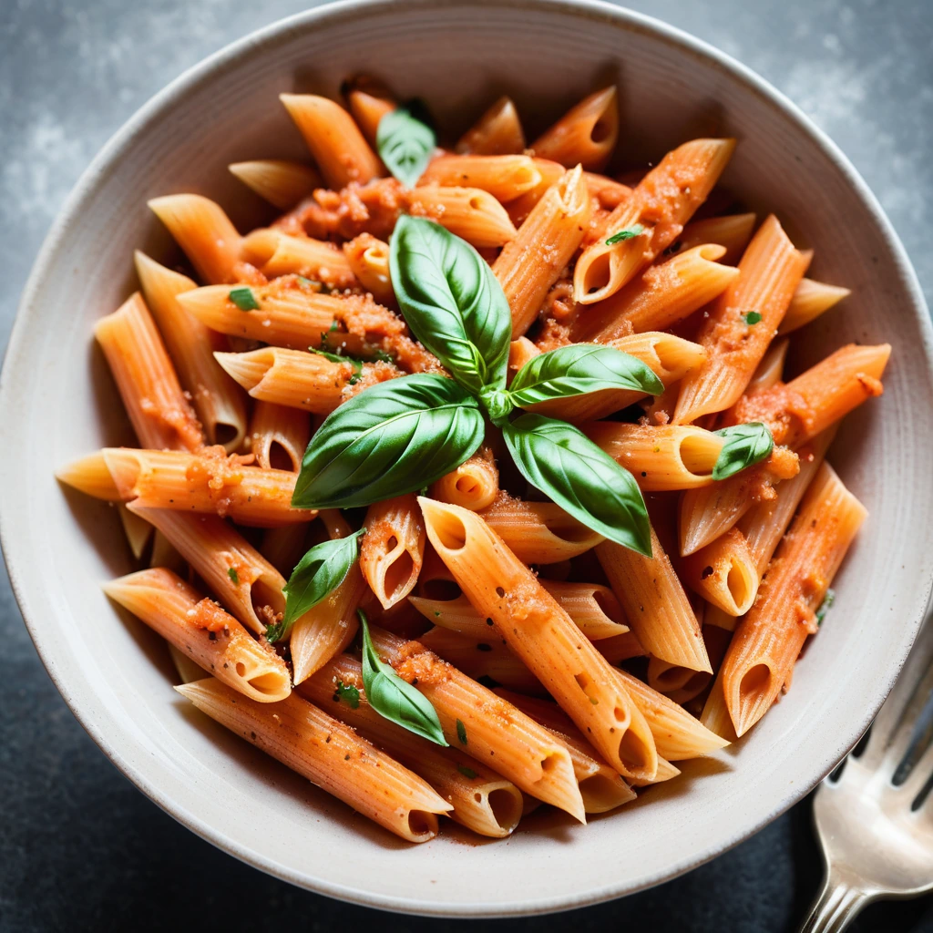 Bowl of penne pasta in a vibrant red sauce with fresh basil leaves scattered on top