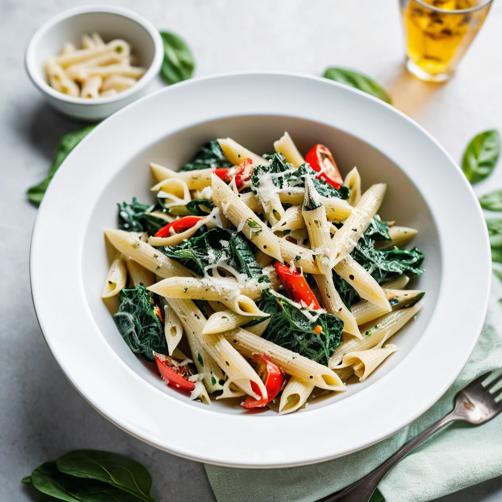 Penne pasta in a creamy alfredo sauce with roasted red peppers, zucchini, and spinach served in a white bowl.