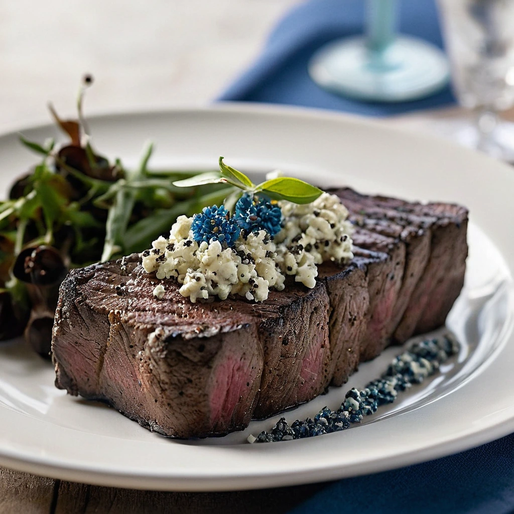 A perfectly seared strip steak on a plate, sprinkled with coarse peppercorns and adorned with a dollop of blue cheese butter.