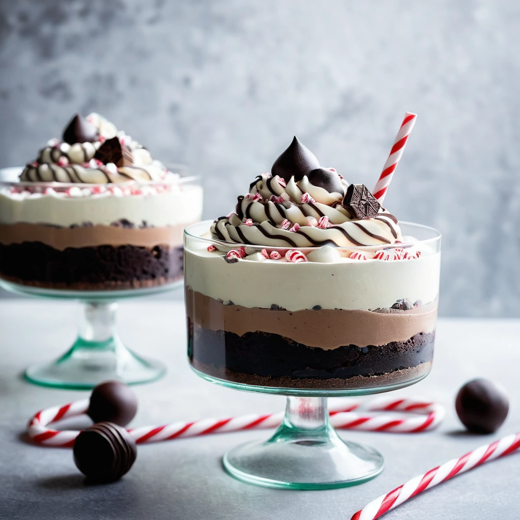 A glass trifle dish with layers of dark brownie chunks, creamy light brown mousse, and sprinkled crushed candy canes.