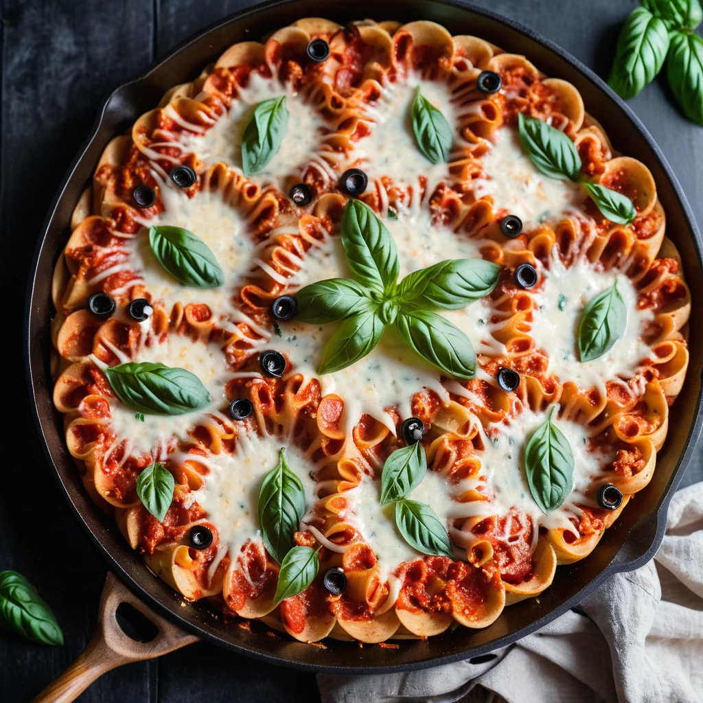 Golden pasta topped with melted mozzarella and pepperoni in a skillet, sprinkled with fresh basil.