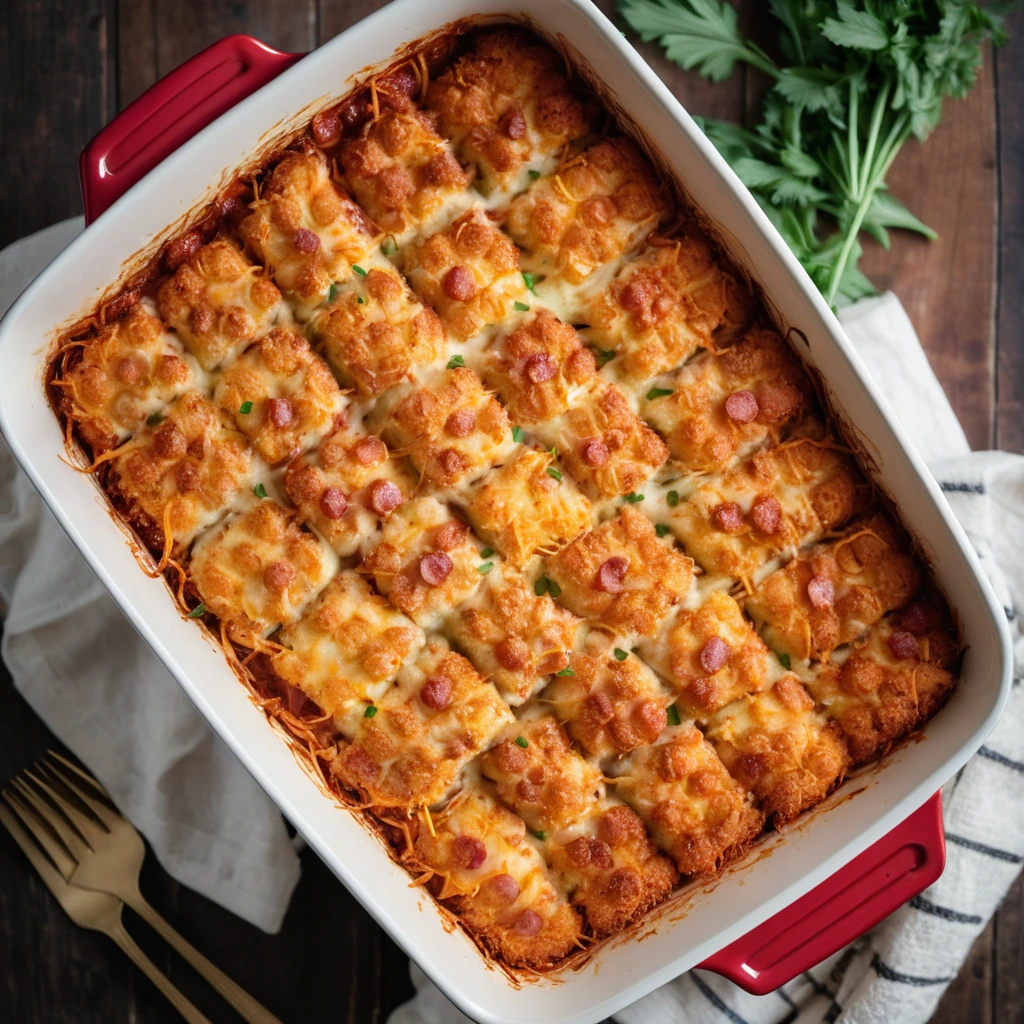 A rectangular casserole dish filled with layers of tater tots, melted cheese, and pepperoni, golden brown and bubbling.