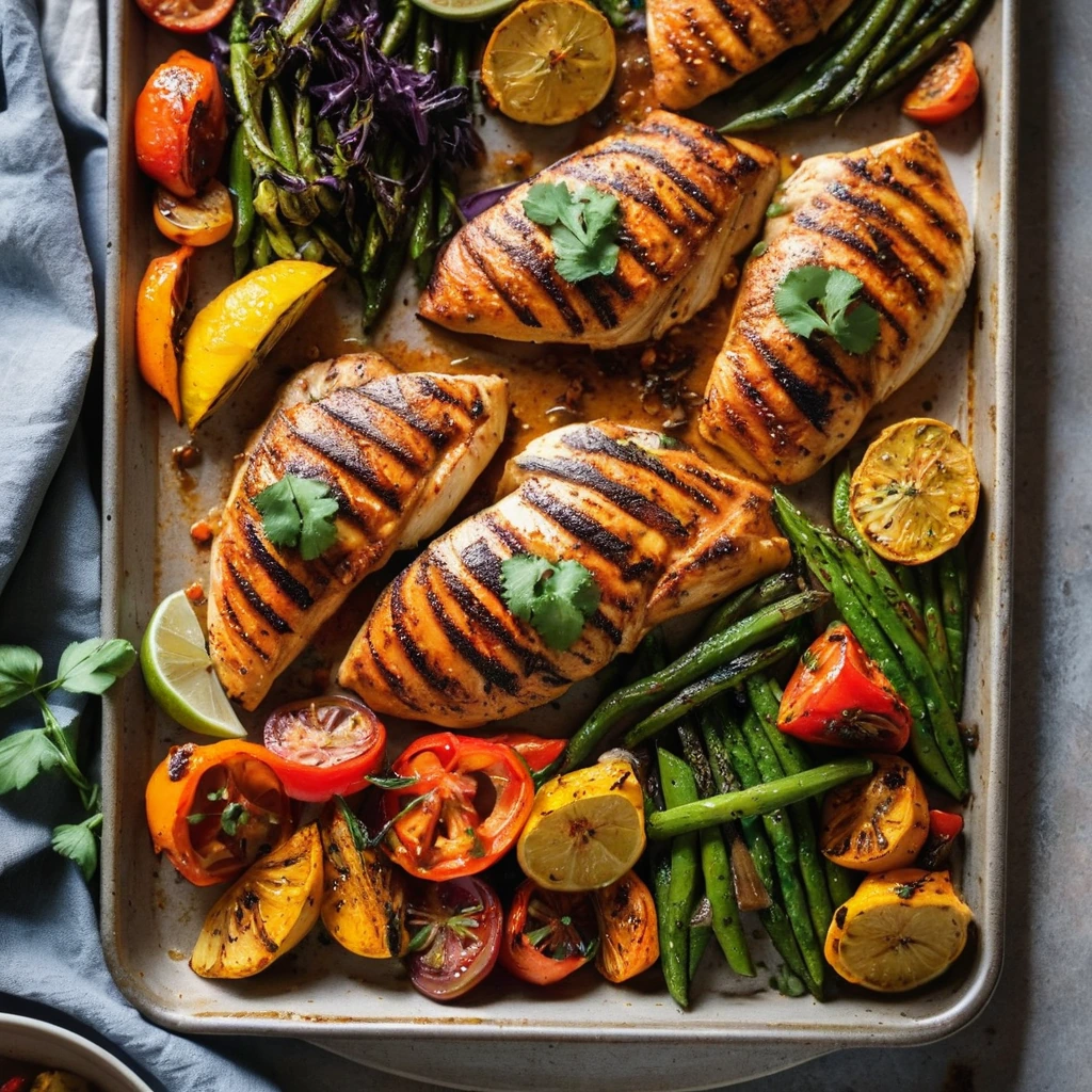 Golden chicken breasts with colorful roasted vegetables on a sheet pan, drizzled with a spicy sauce.