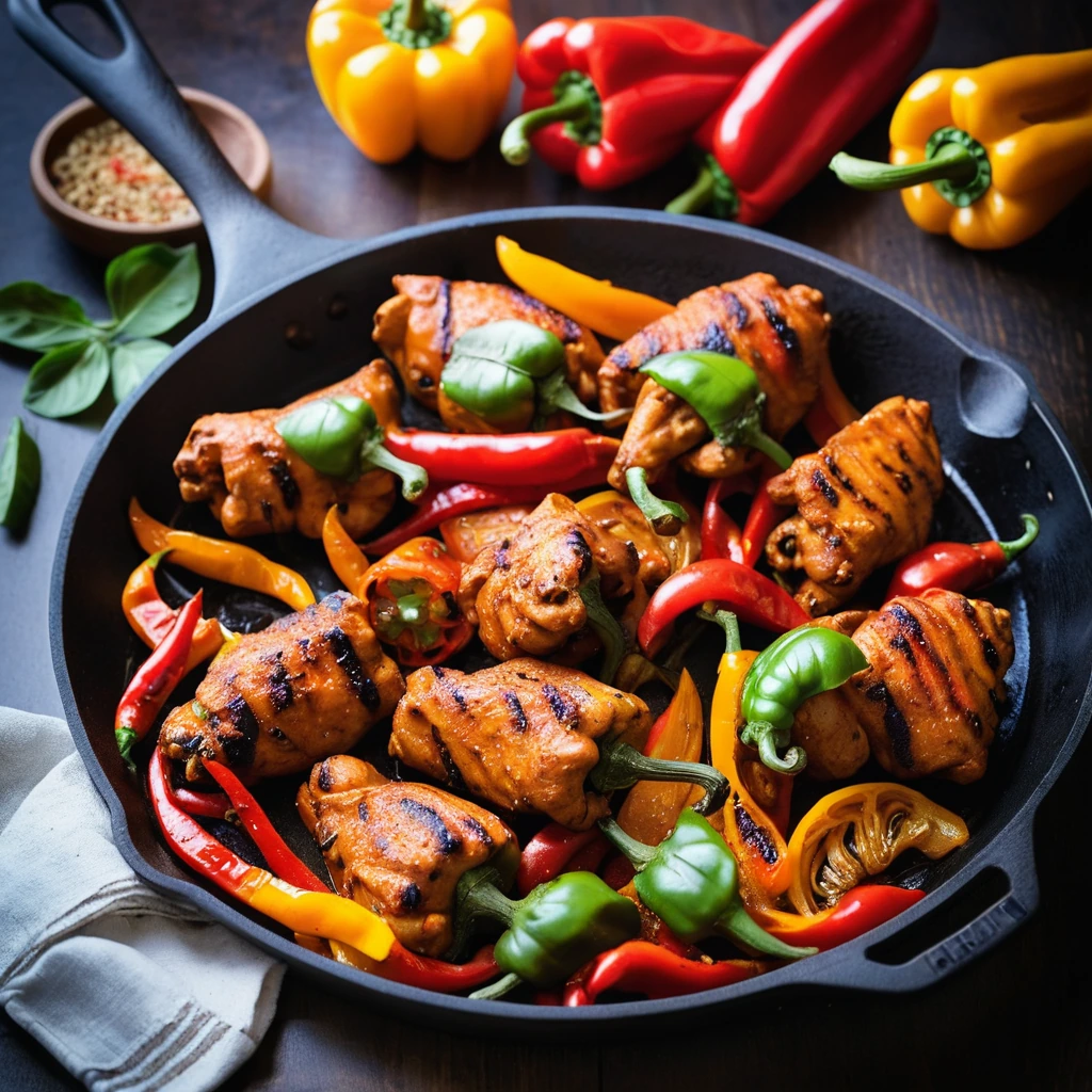 Colorful bell peppers and golden chicken pieces sizzling in a skillet with a glossy red sauce.