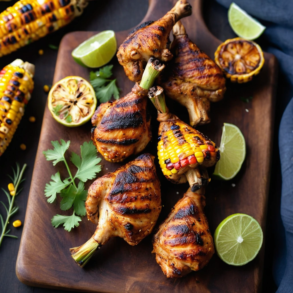 Grilled chicken legs with golden roasted corn on a rustic wooden board