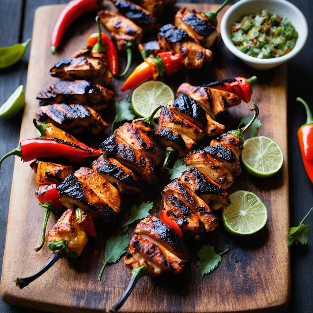 Grilled chicken pieces with charred red and green peppers on a rustic wooden board