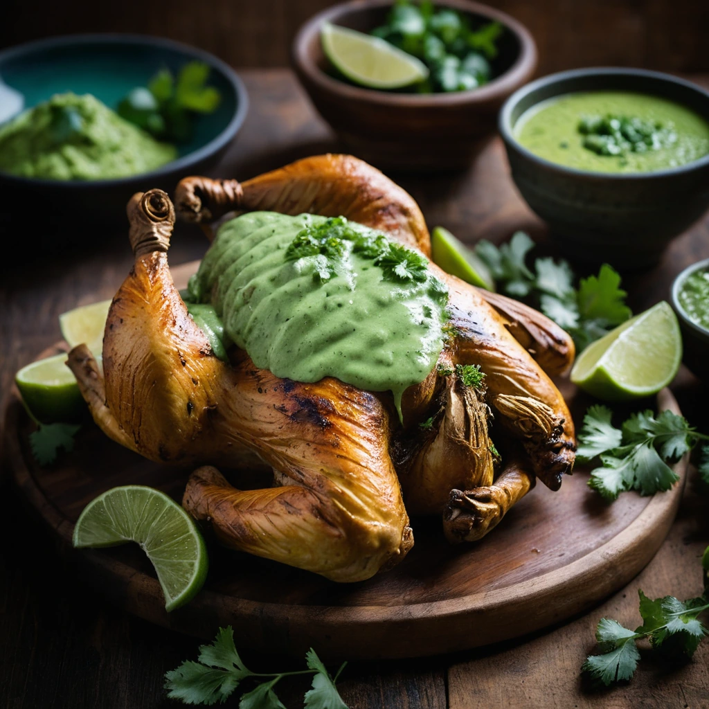 Whole roasted chicken with crispy skin, served with a vibrant green sauce on a rustic wooden board.