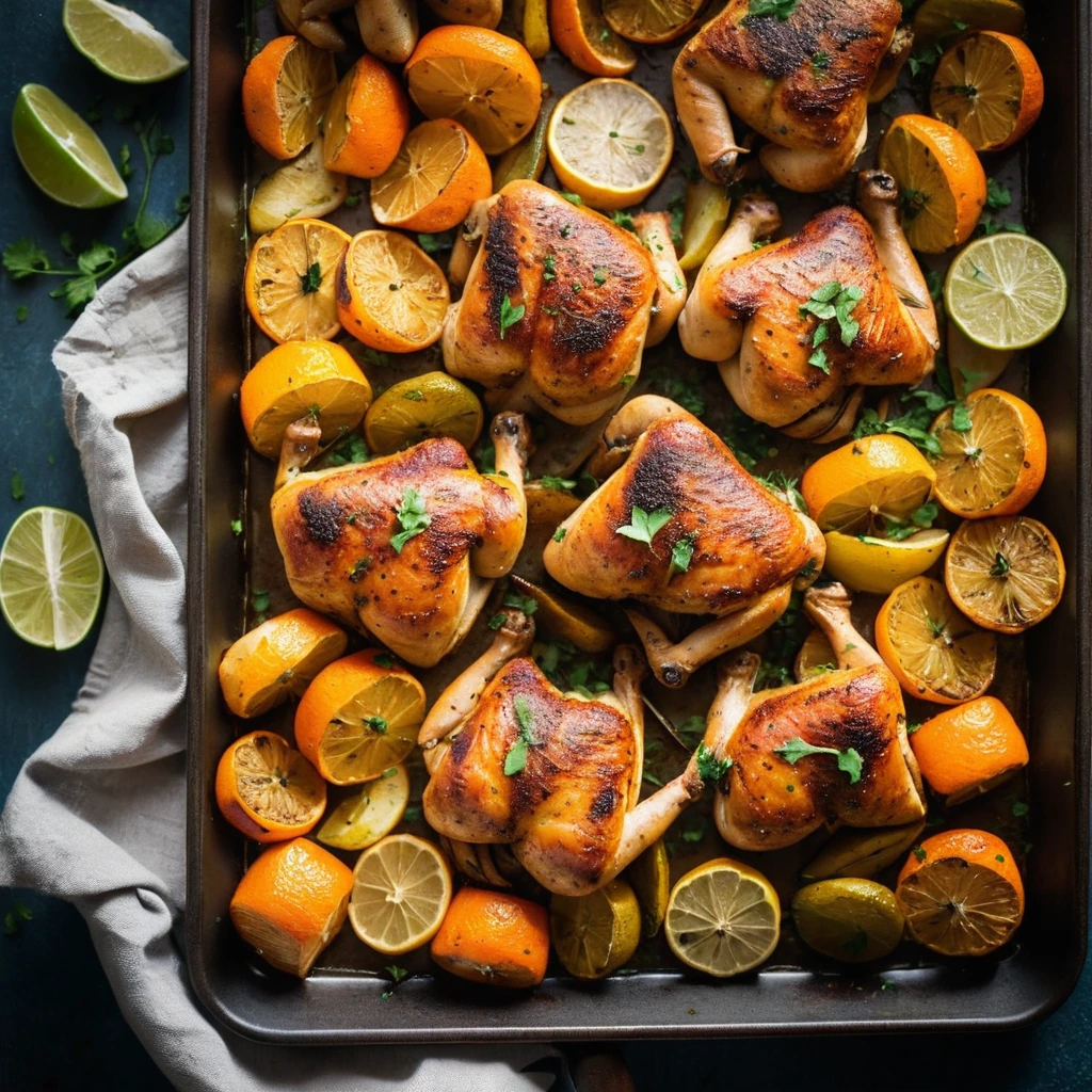 Golden roasted chicken thighs and potatoes on a sheet pan, drizzled with a vibrant orange marinade.