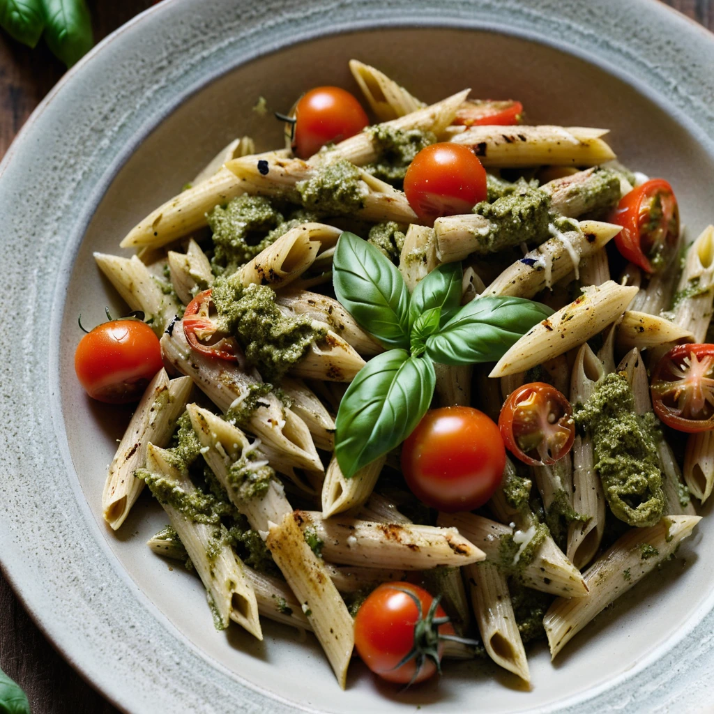 Penne pasta with pesto sauce, roasted tomatoes, and grilled chicken served on a rustic plate.
