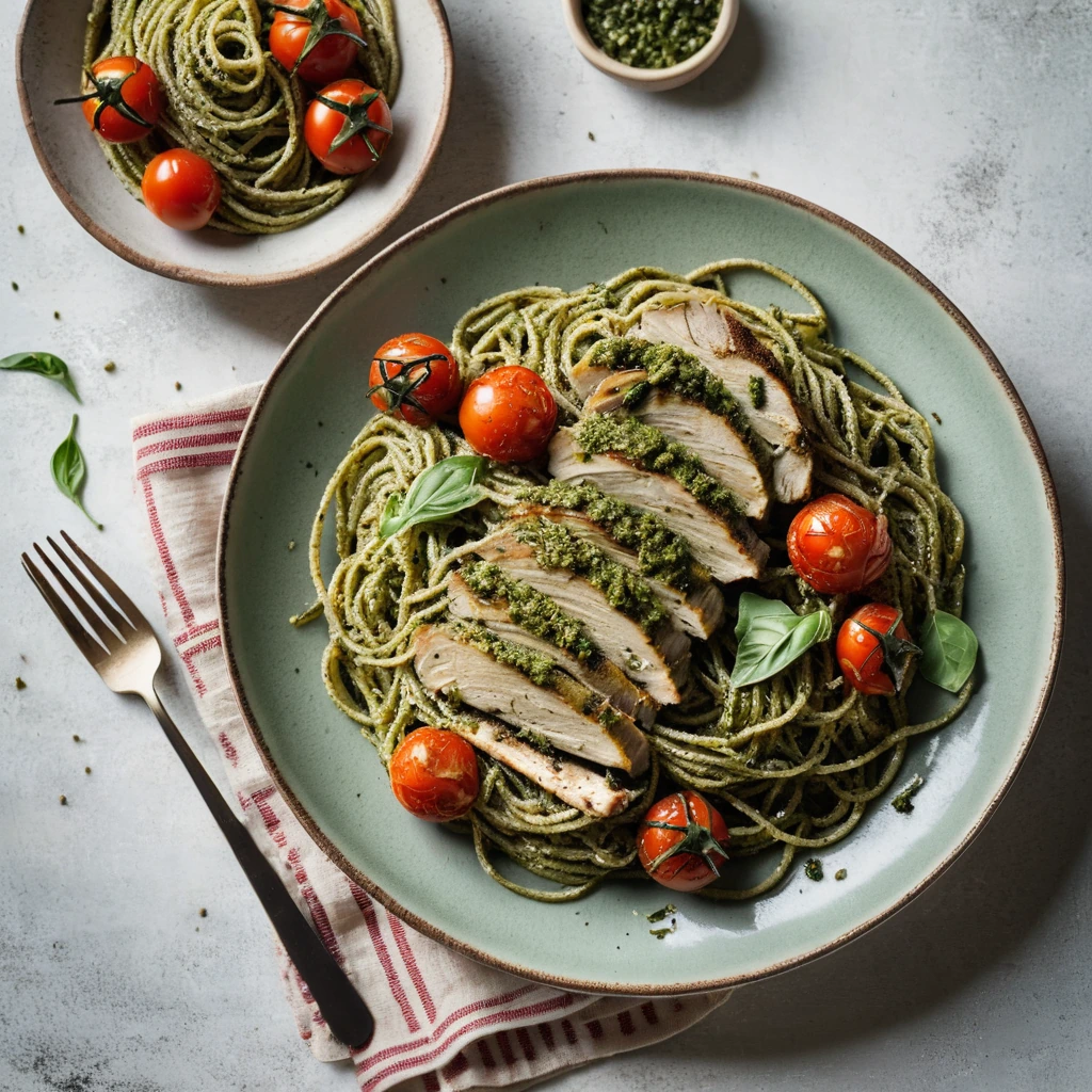A heaping plate of green pesto spaghetti with roasted cherry tomatoes and grilled chicken breast slices.