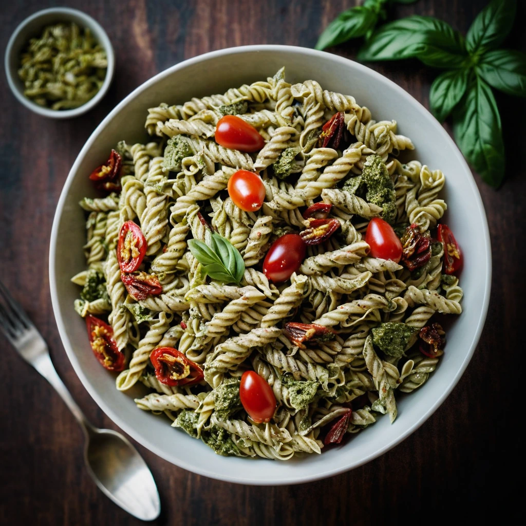 colorful pasta salad in a large bowl with green pesto, chicken chunks, and red sun-dried tomatoes