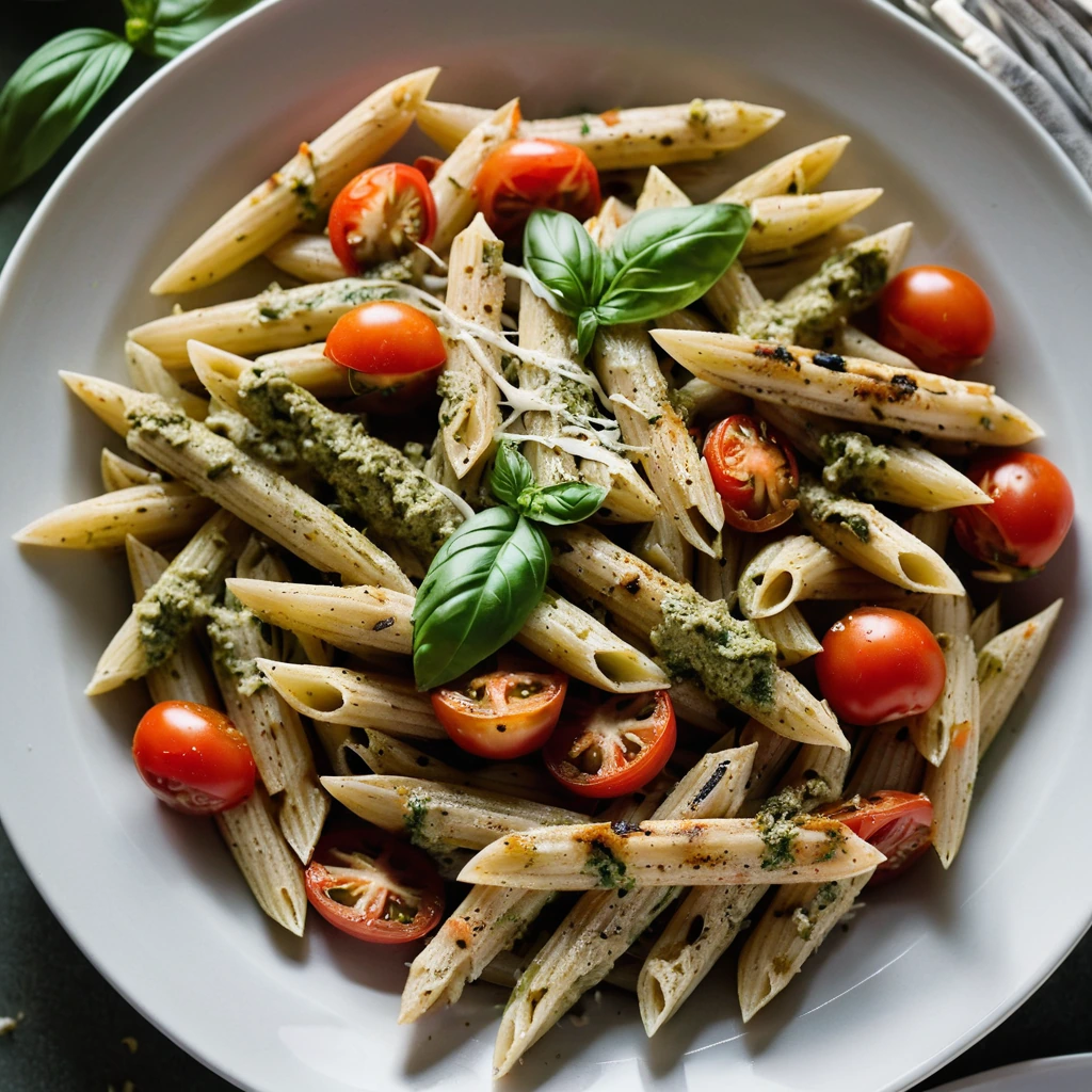 Penne pasta with pesto sauce, roasted tomatoes, and grilled chicken served on a white plate.