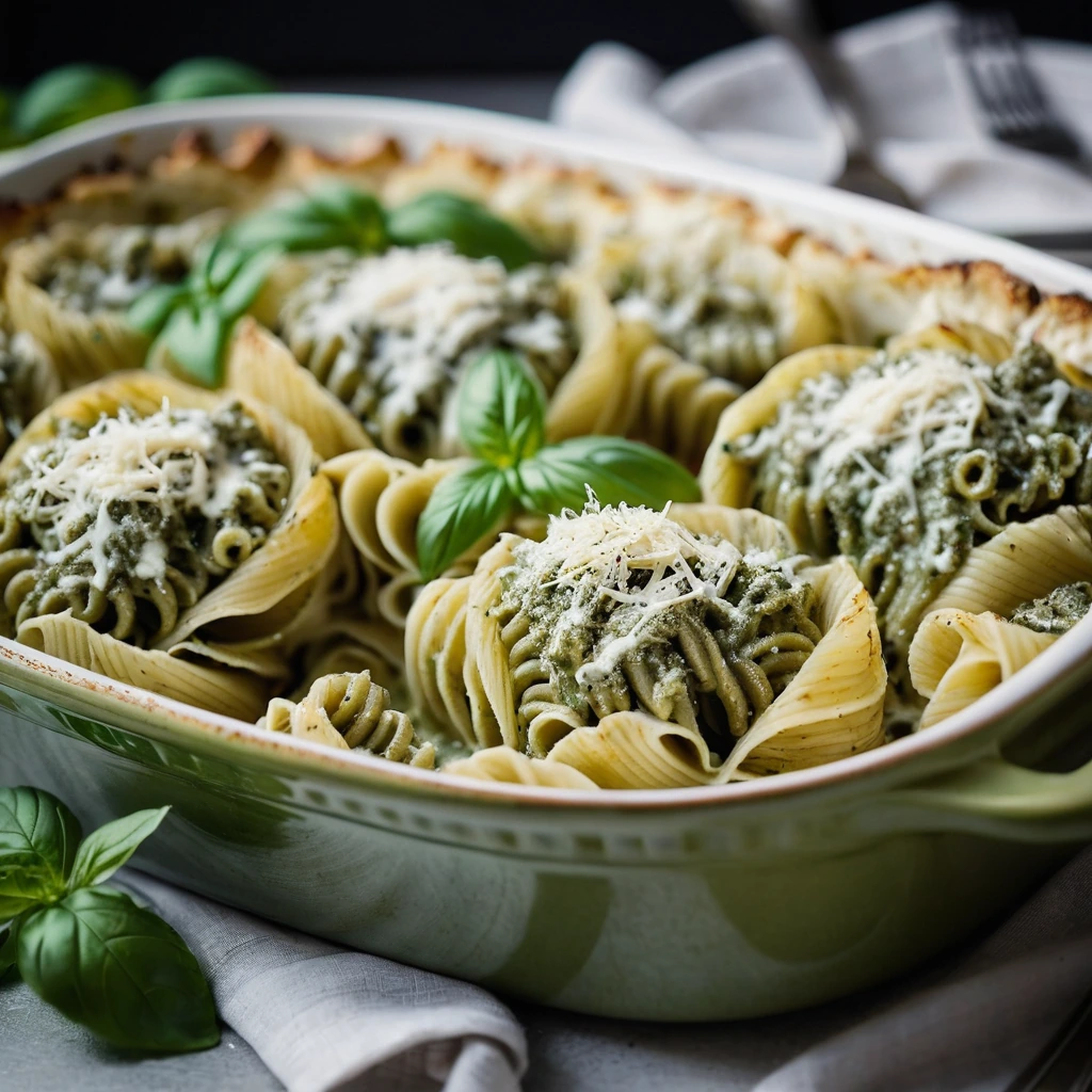 Golden pasta shells covered in green pesto sauce, topped with melted mozzarella and Parmesan, baked to bubbly perfection in a casserole dish.
