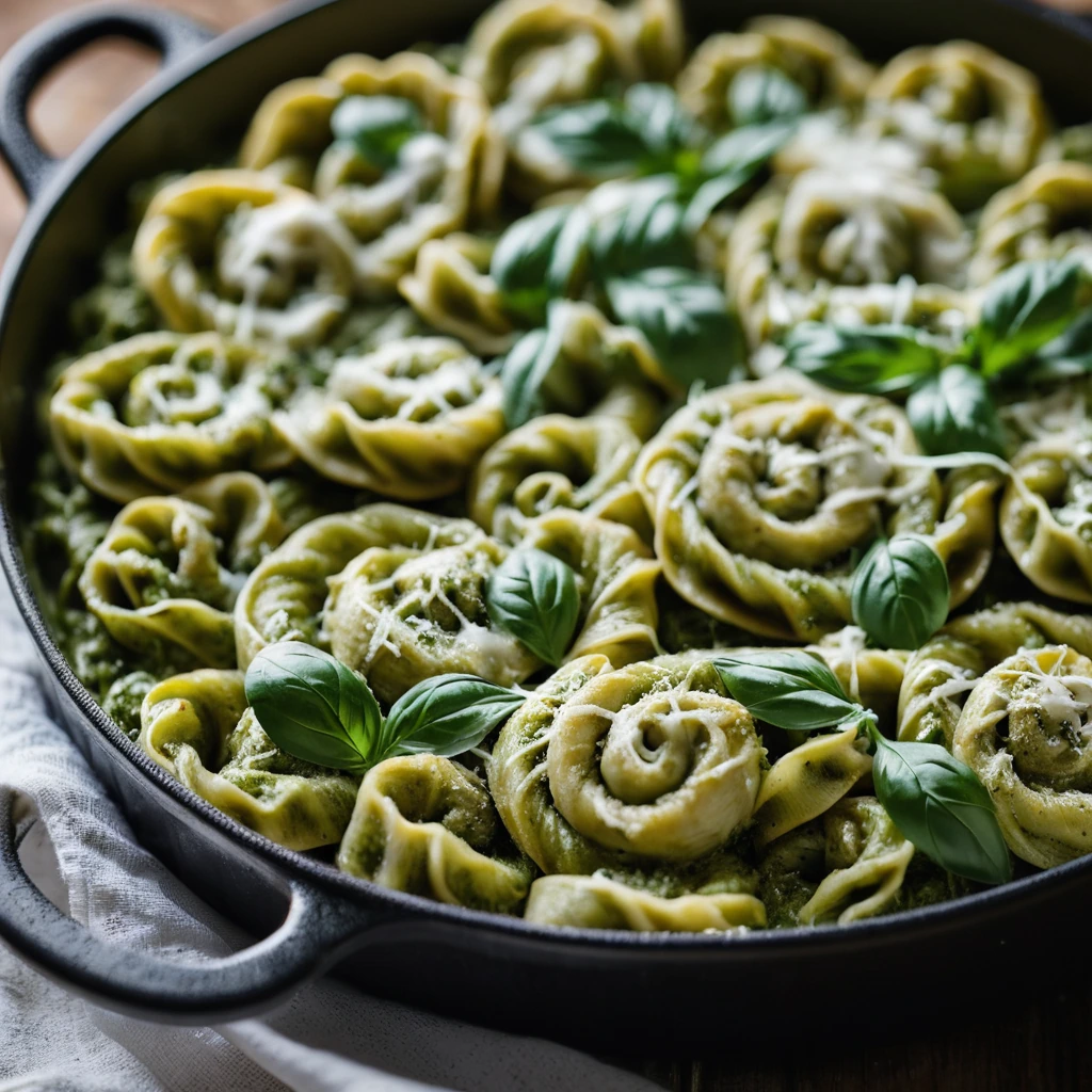 Baked pasta dish with tortellini, chicken, and a green pesto sauce topped with melted mozzarella.