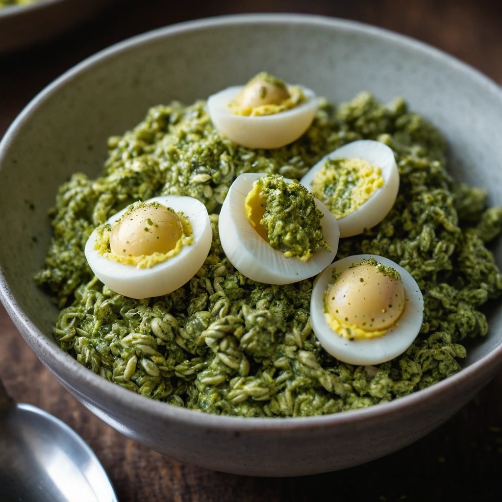 Golden scrambled eggs with flecks of green pesto served in a rustic bowl.