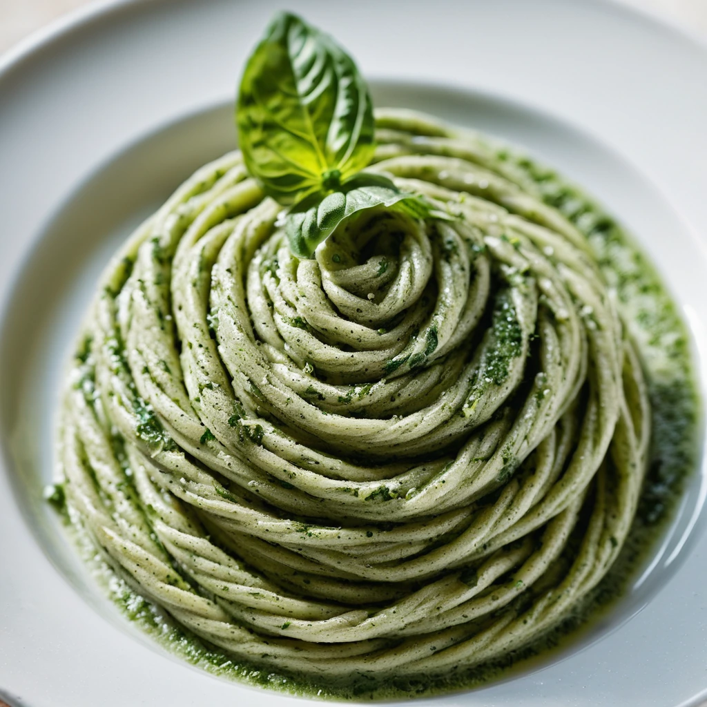 Bright green pesto spread on a white plate with a swirl pattern and a drizzle of olive oil on top.