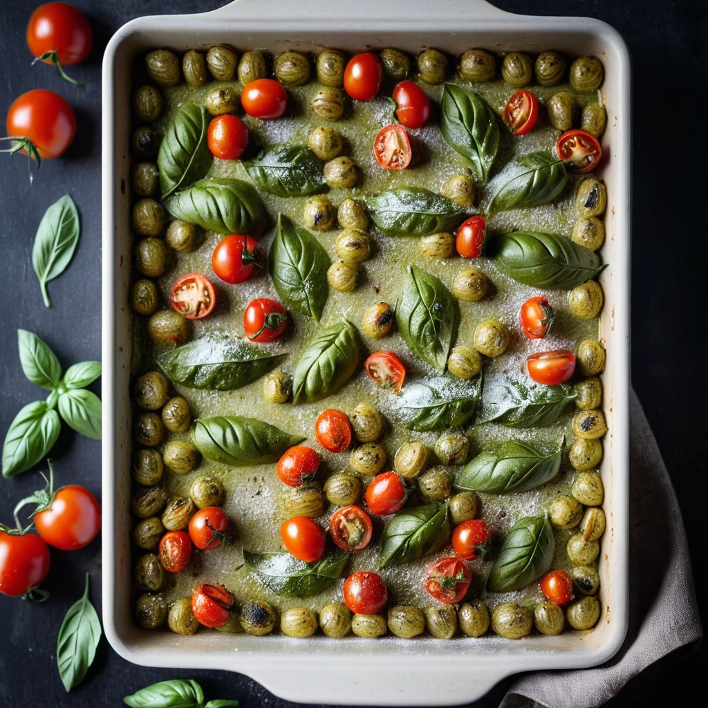 Golden roasted tomatoes and green pesto sauce covering gnocchi on a baking sheet, sprinkled with Parmesan