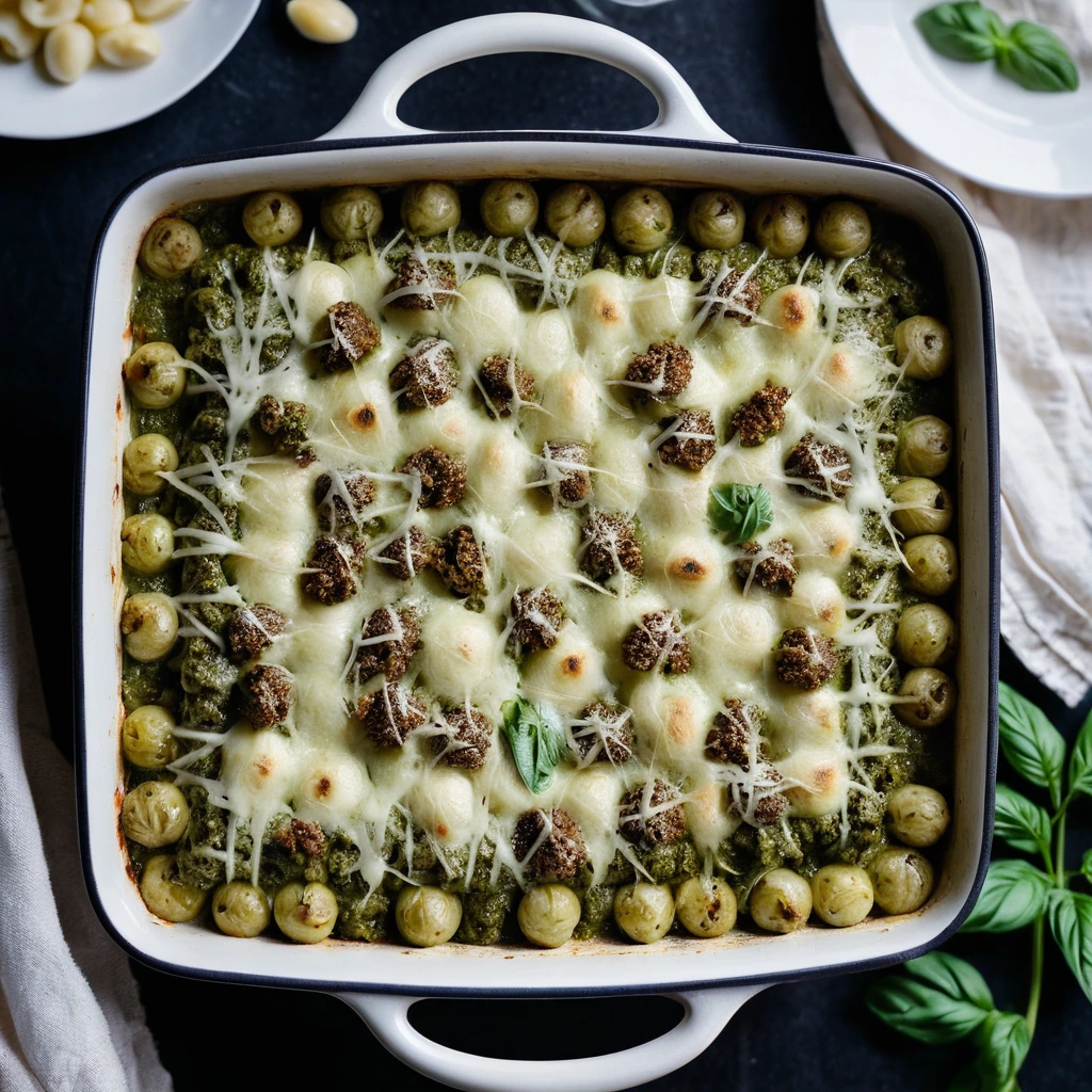 Baked gnocchi topped with melted mozzarella cheese and green pesto in a casserole dish