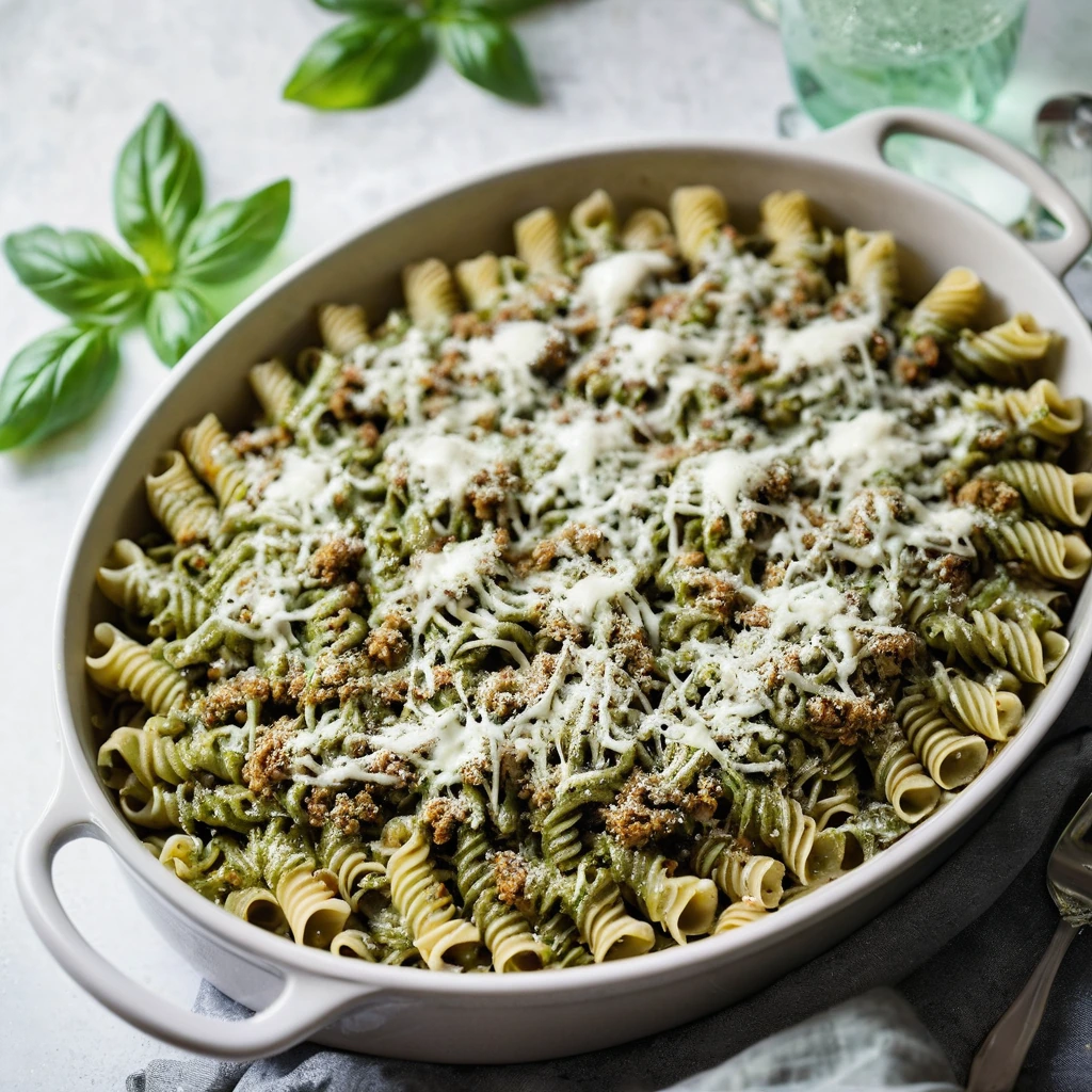 Golden pasta shells drenched in a vibrant green pesto sauce, topped with melted bubbly cheese in a baking dish.