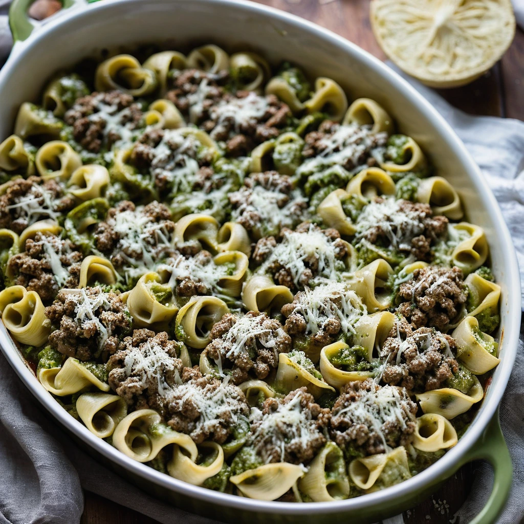 Golden-brown casserole in a baking dish with green flecks of pesto, topped with melted mozzarella and a sprinkle of parmesan.