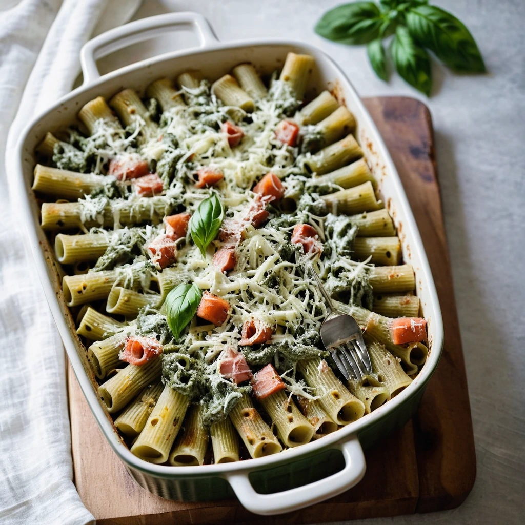Baked pasta dish with green pesto sauce, diced ham, and melted cheese topping in a rectangular baking dish.