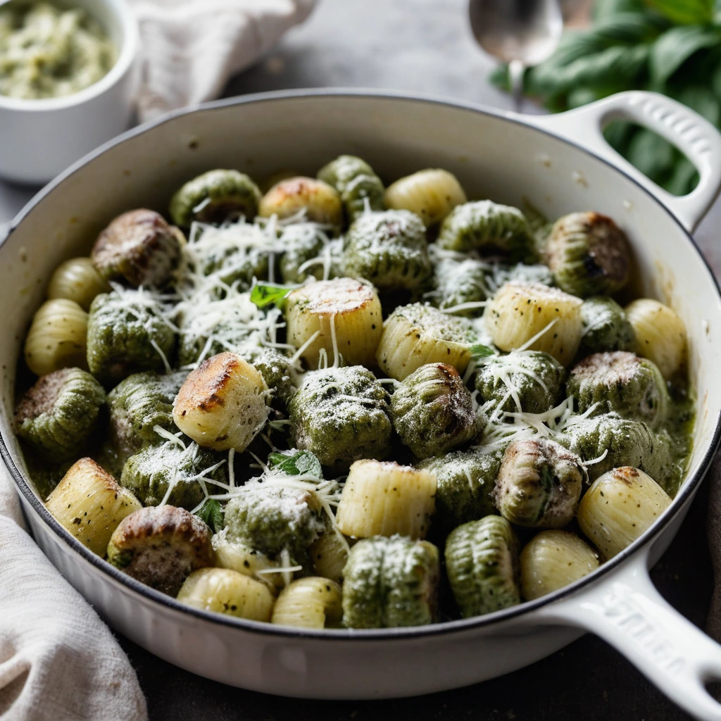 A casserole dish filled with browned Italian sausage, green pesto sauce, and tender gnocchi topped with melted mozzarella, bubbly and golden.