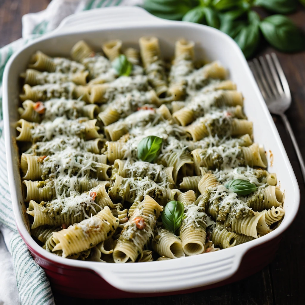 Baked pasta shells in a creamy pesto sauce topped with melted cheese served in a baking dish.