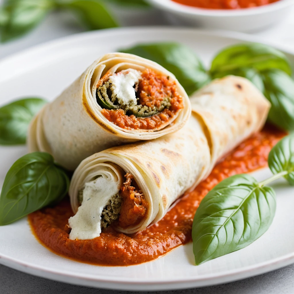 Golden chicken roll-ups in a red marinara sauce, garnished with fresh basil leaves on a white plate.