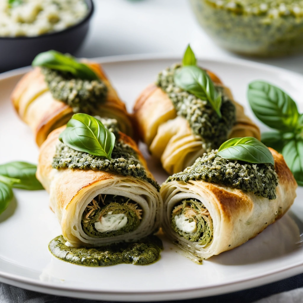 Golden chicken rolls on a plate, green pesto peeking out, garnished with fresh basil