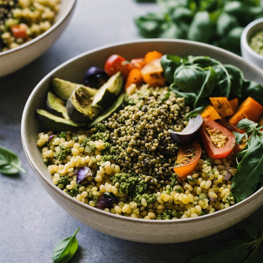 Colorful roasted vegetables with green pesto over golden couscous in a shallow bowl.
