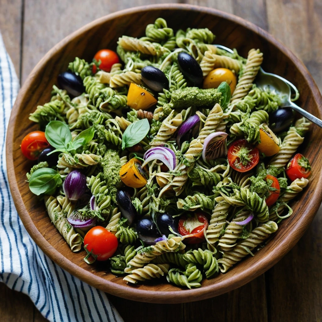 Colorful roasted vegetables mixed with green pasta in a large wooden bowl, drizzled with bright green pesto.