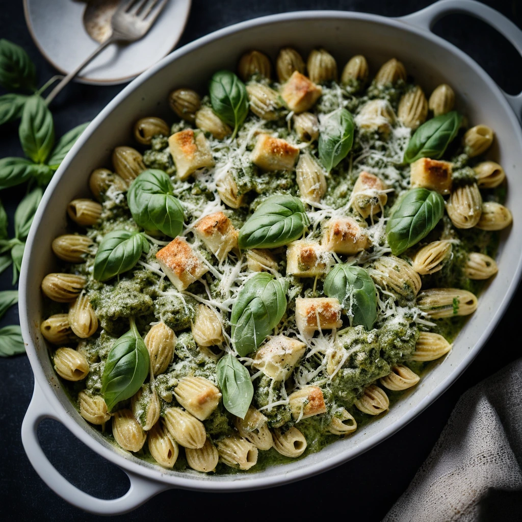 Golden bubbly casserole in a baking dish with green pesto sauce and melted cheese on top.