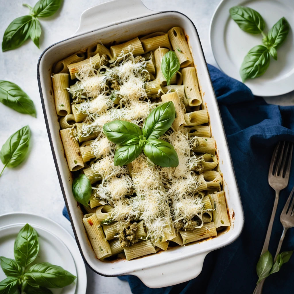 Golden-brown pasta bake in a rectangular dish, topped with melted mozzarella and fresh basil leaves.