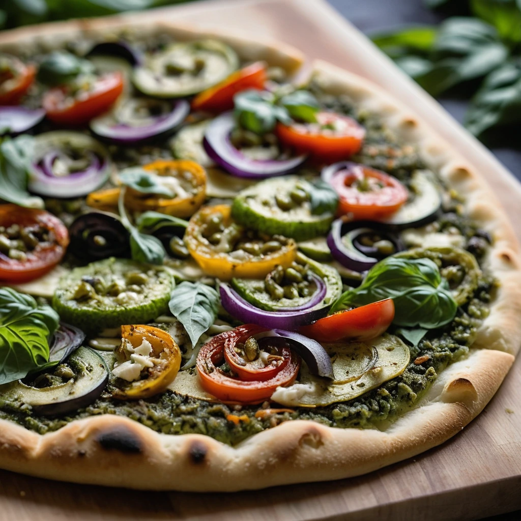 Golden flatbread topped with a swirl of green pesto, colorful roasted vegetables, and melted mozzarella.