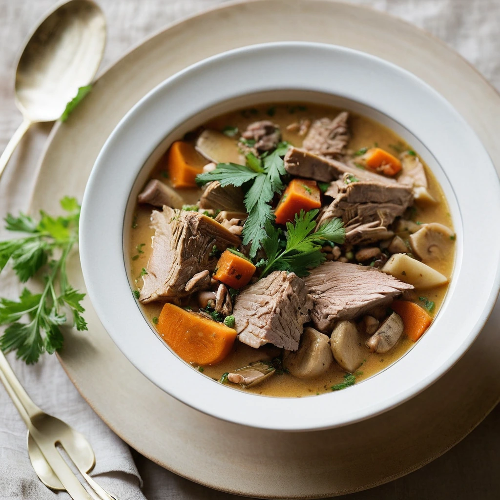 Hearty bowl of pheasant stew with chunks of meat and vegetables in a golden broth, garnished with fresh parsley.