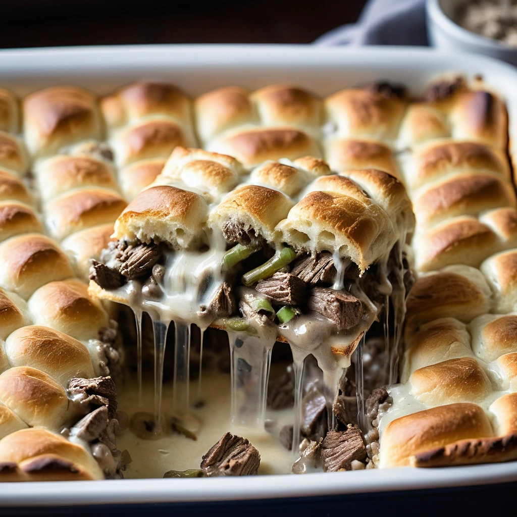 Golden biscuits bubbling over with melted cheese and tender steak strips in a casserole dish.