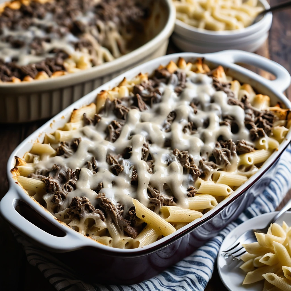 Golden-brown casserole in a baking dish with melted cheese on top, surrounded by pasta.