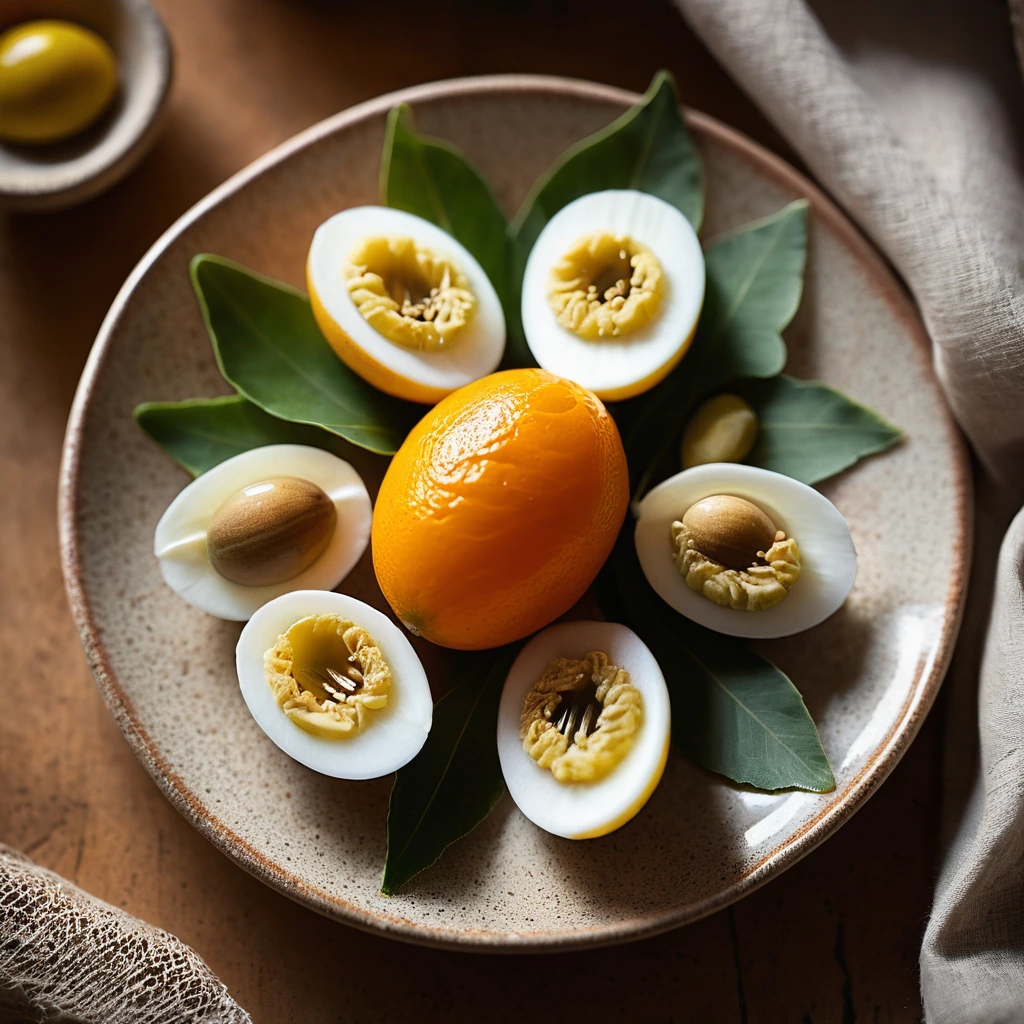 A plate of golden brown eggs nestled in a bed of vibrant orange pickling spices and herbs.