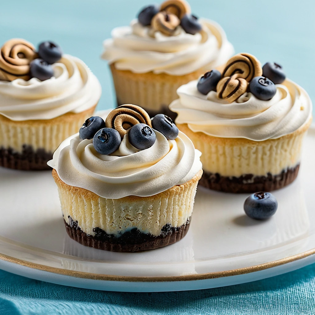 Mini cheesecakes with a golden crust, smooth white filling, and swirls of golden cookie dough on top, sprinkled with chocolate chips.
