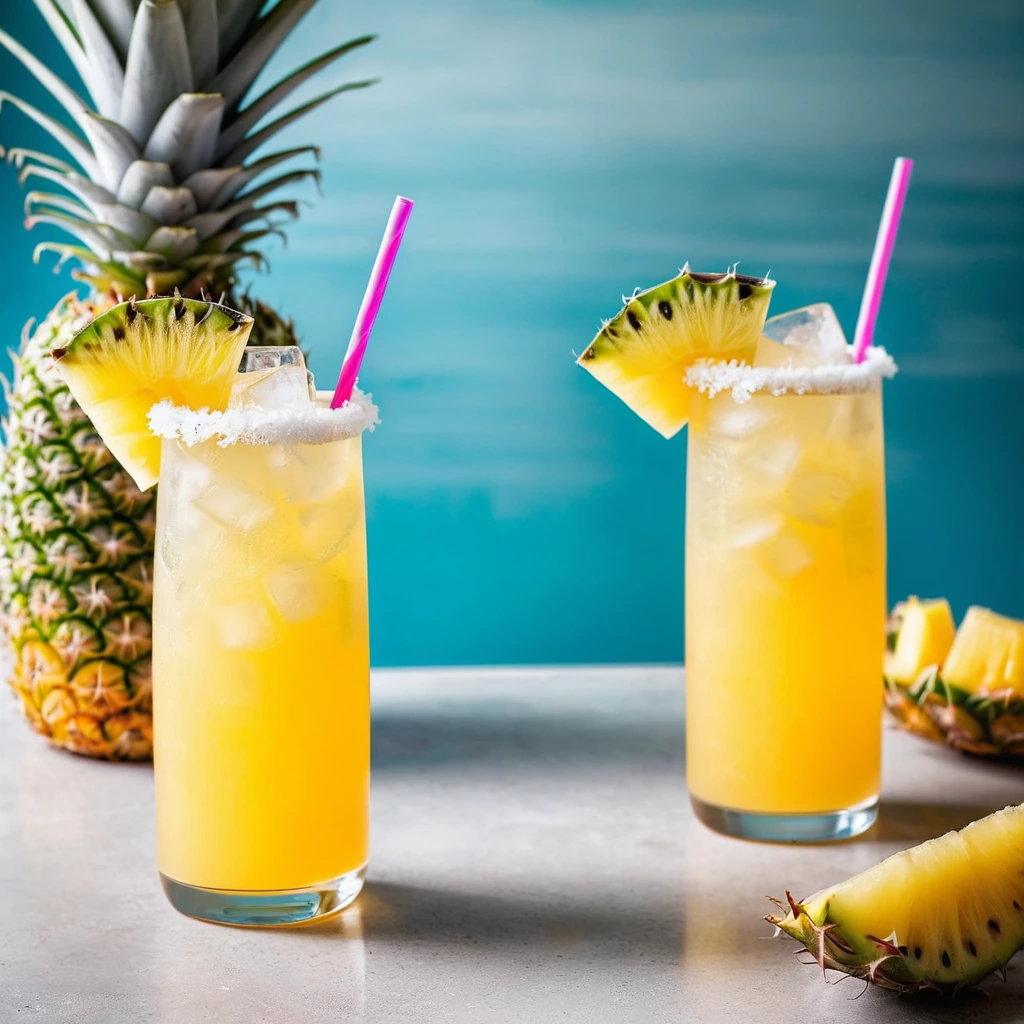 Tall glass with a vibrant yellow pineapple-coconut drink, garnished with a pineapple wedge and a sprinkle of shredded coconut.