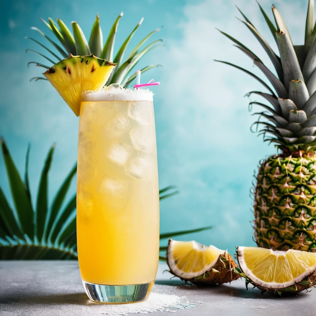 Tall glass filled with a golden yellow drink topped with a slice of pineapple and a sprinkle of coconut shavings.