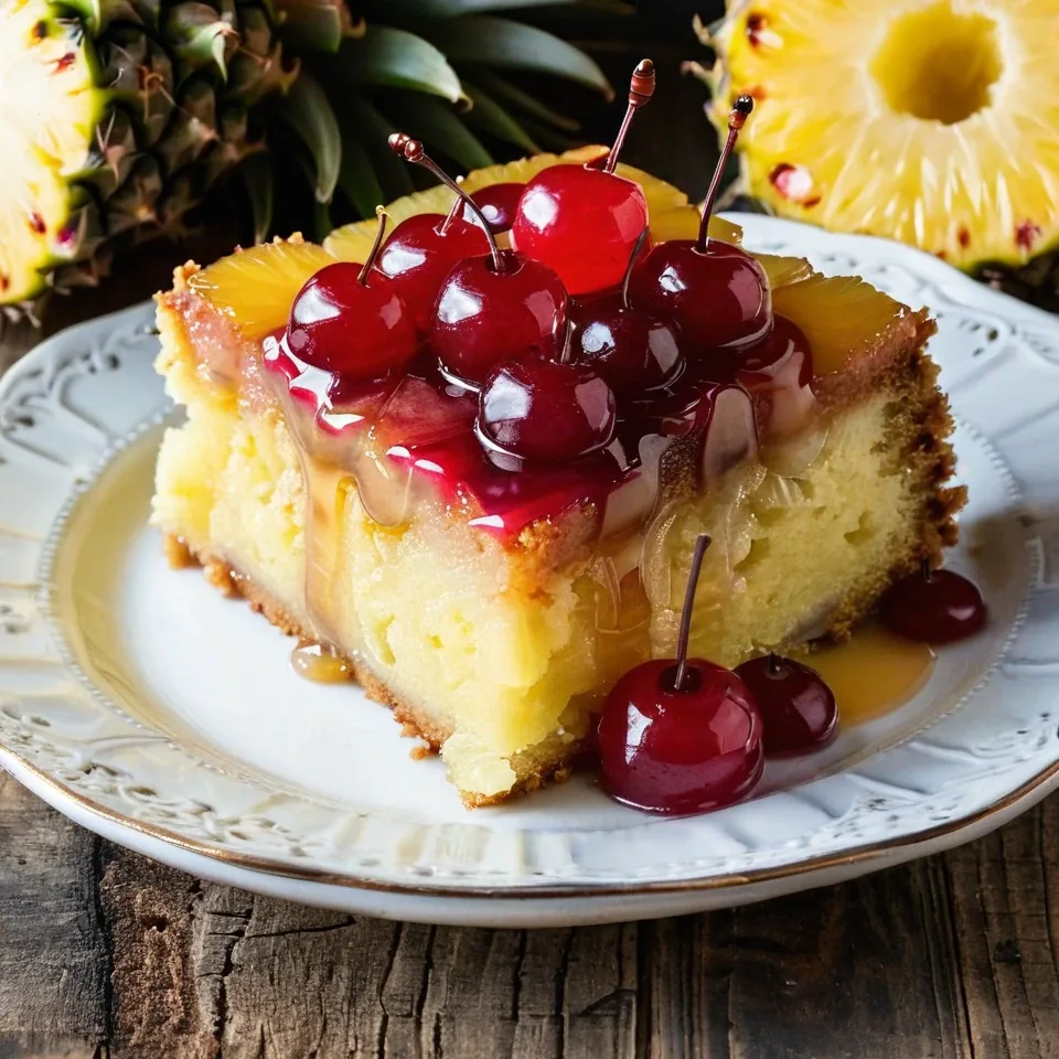 A plated serving of Pineapple Upside-Down Cake