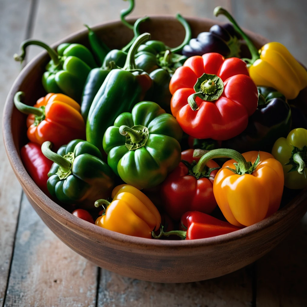 A rustic earthenware bowl filled with a colorful mix of red, green, and yellow peppers, tomatoes, and onions.