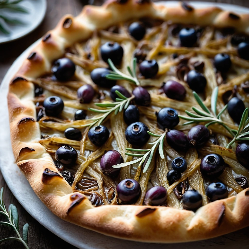Rustic tart with caramelized onions, olives, and anchovies on a golden crust.