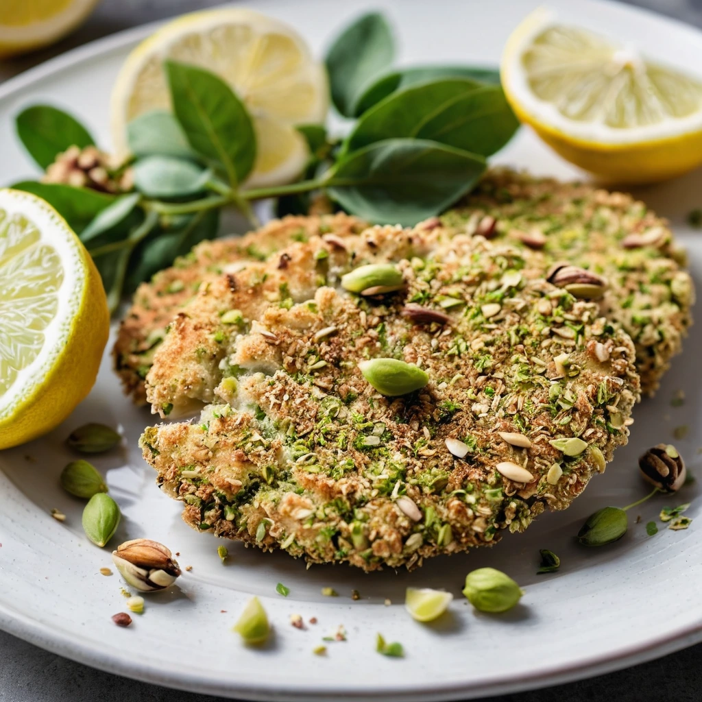Golden chicken cutlets with a pistachio crust on a white plate, garnished with lemon wedges